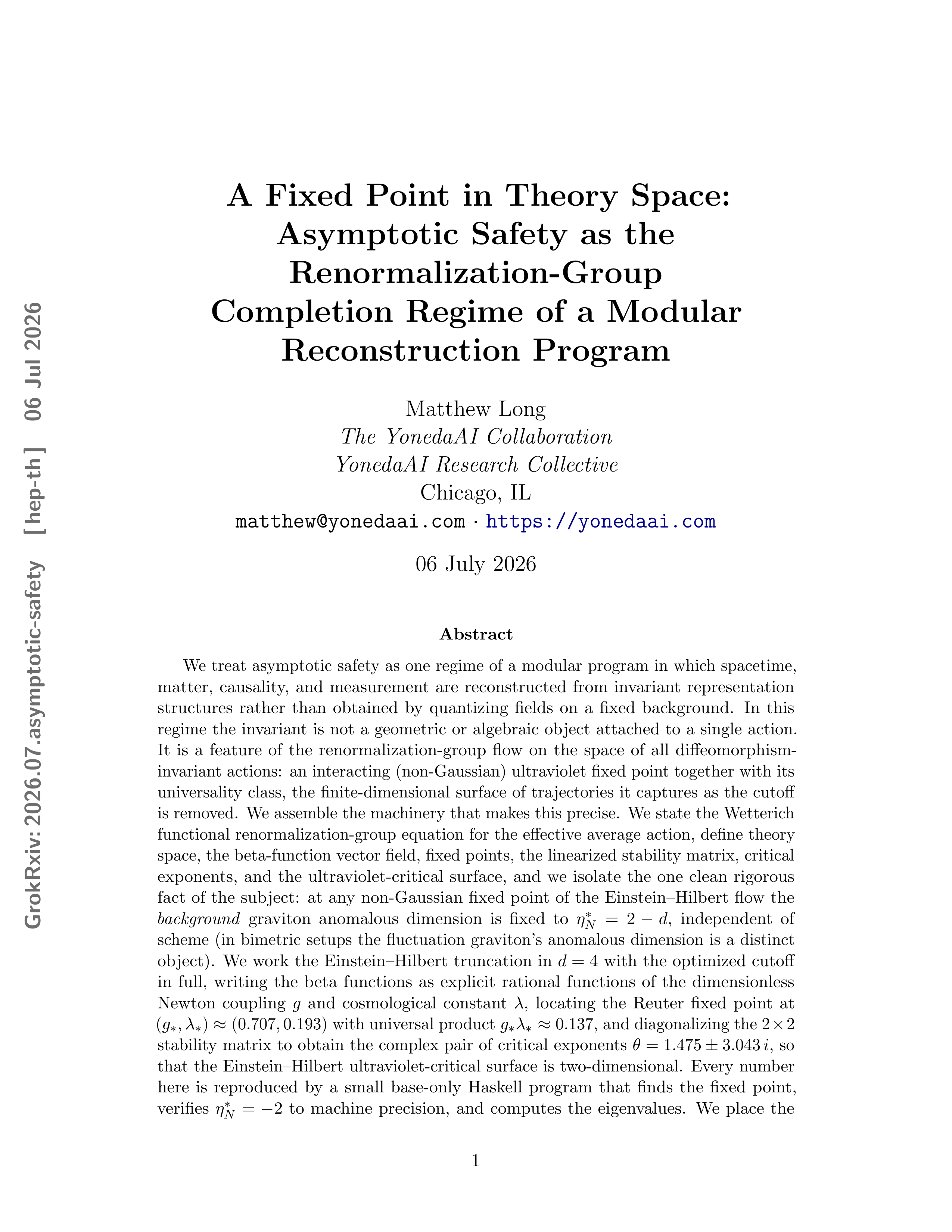 Cover illustration for A Fixed Point in Theory Space: Asymptotic Safety as the Renormalization-Group Completion Regime of a Modular Reconstruction Program