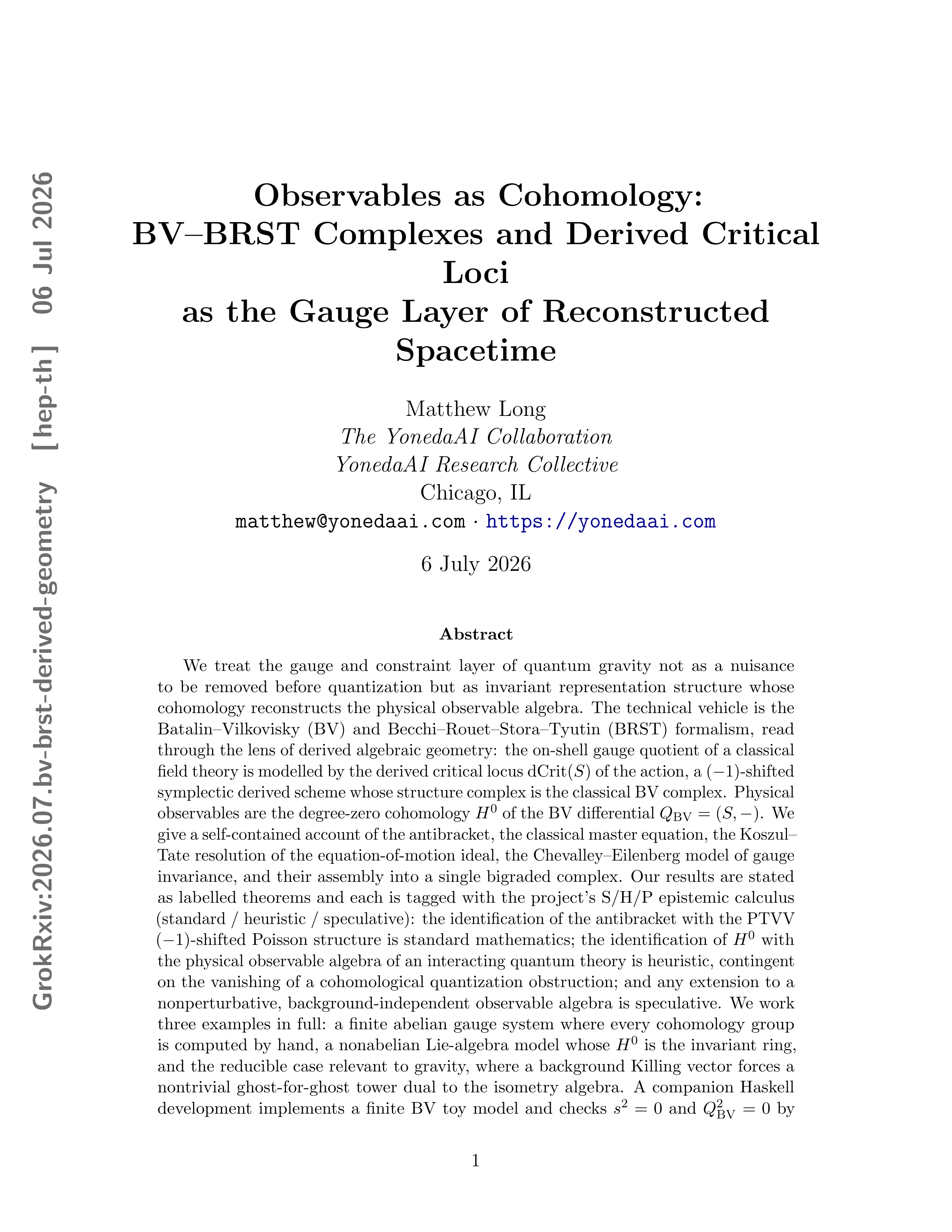 Cover illustration for Observables as Cohomology: BV–BRST Complexes and Derived Critical Loci as the Gauge Layer of Reconstructed Spacetime