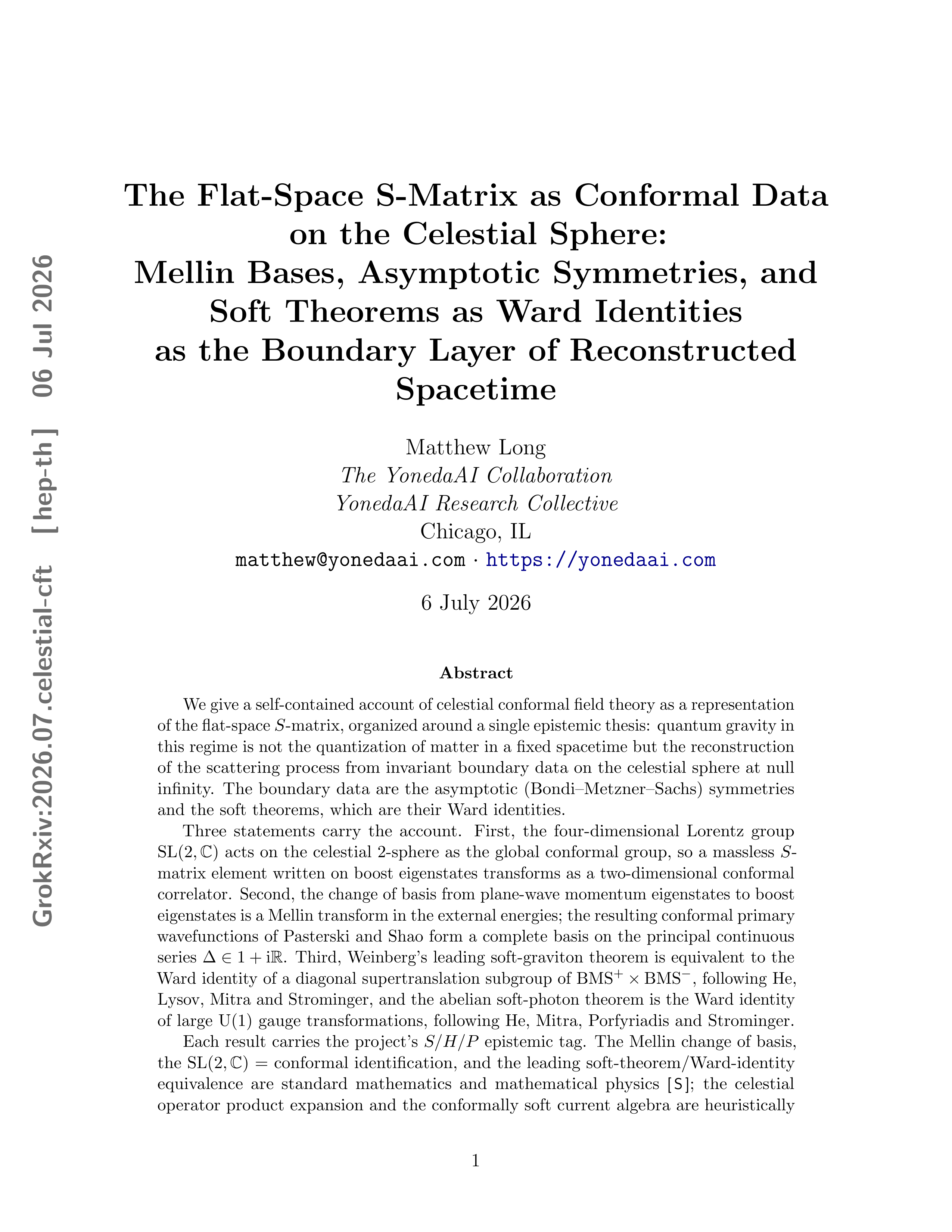 Cover illustration for The Flat-Space S-Matrix as Conformal Data on the Celestial Sphere: Mellin Bases, Asymptotic Symmetries, and Soft Theorems as Ward Identities as the Boundary Layer of Reconstructed Spacetime