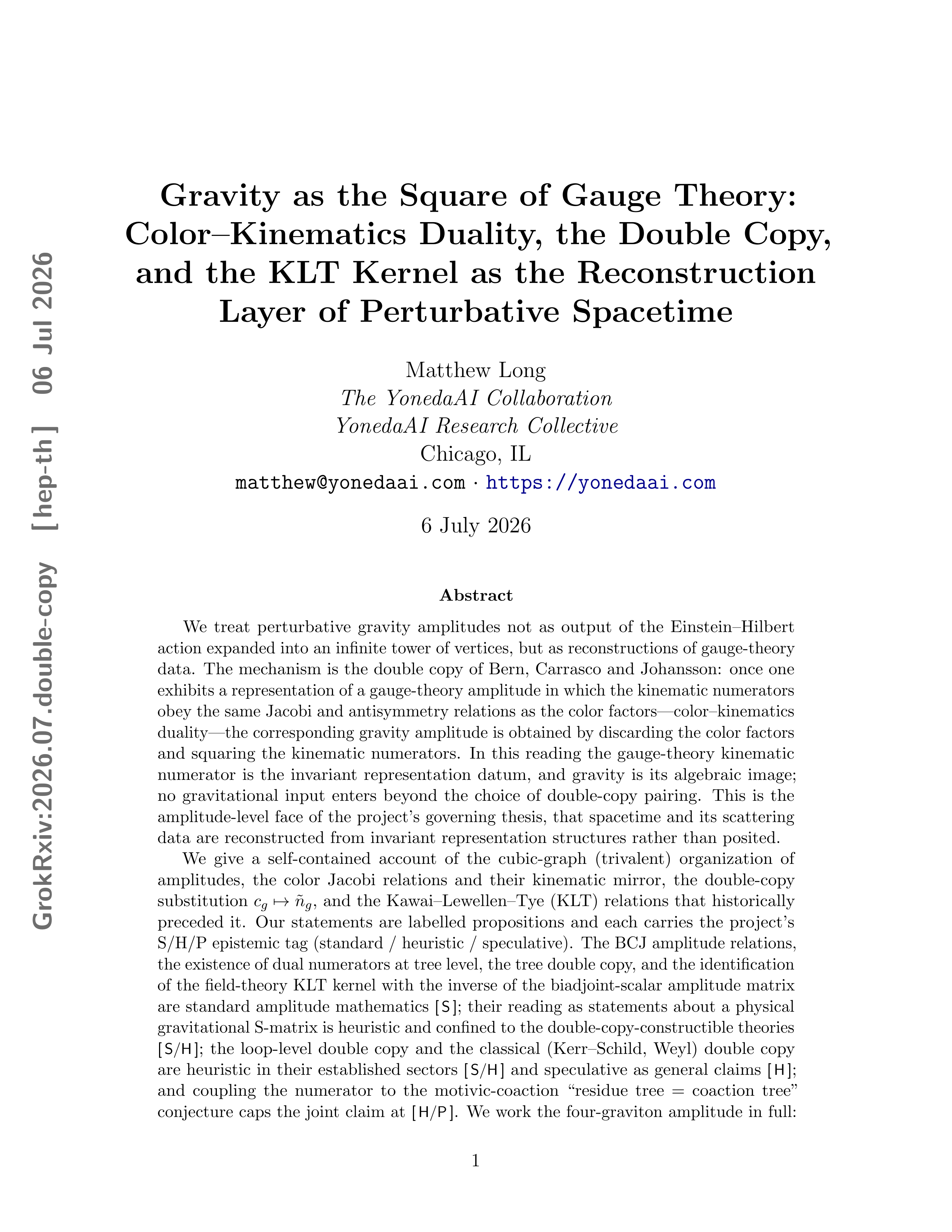 Cover illustration for Gravity as the Square of Gauge Theory: Color–Kinematics Duality, the Double Copy, and the KLT Kernel as the Reconstruction Layer of Perturbative Spacetime