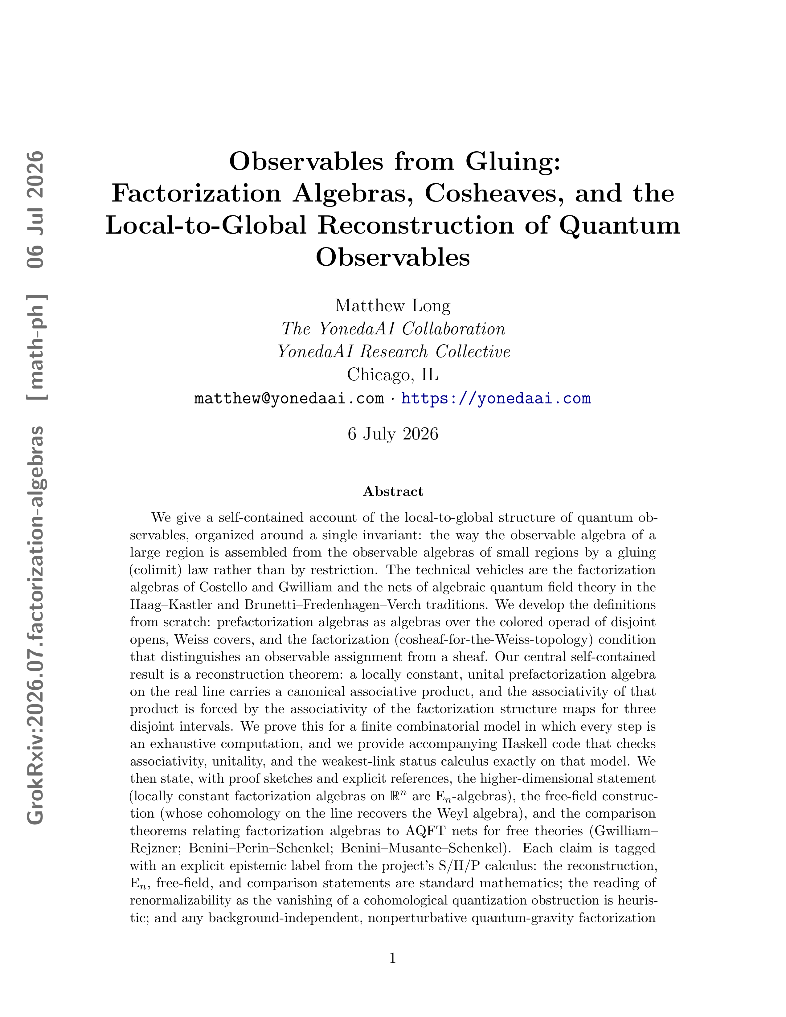 Cover illustration for Observables from Gluing: Factorization Algebras, Cosheaves, and the Local-to-Global Reconstruction of Quantum Observables