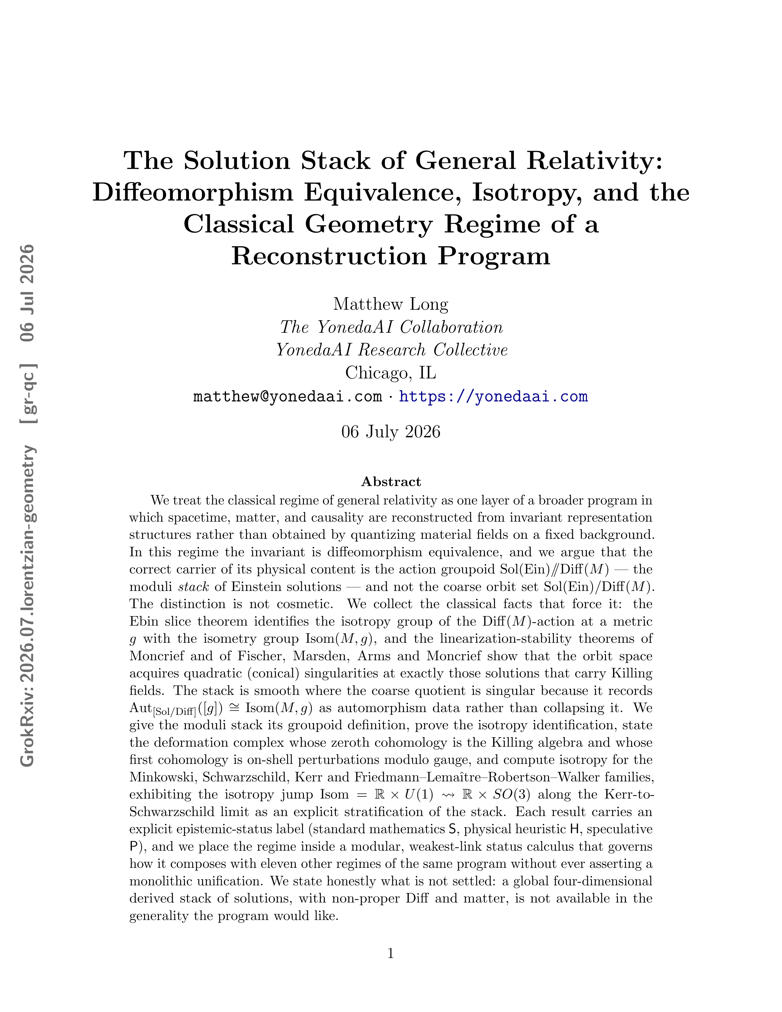 Cover illustration for The Solution Stack of General Relativity: Diffeomorphism Equivalence, Isotropy, and the Classical Geometry Regime of a Reconstruction Program
