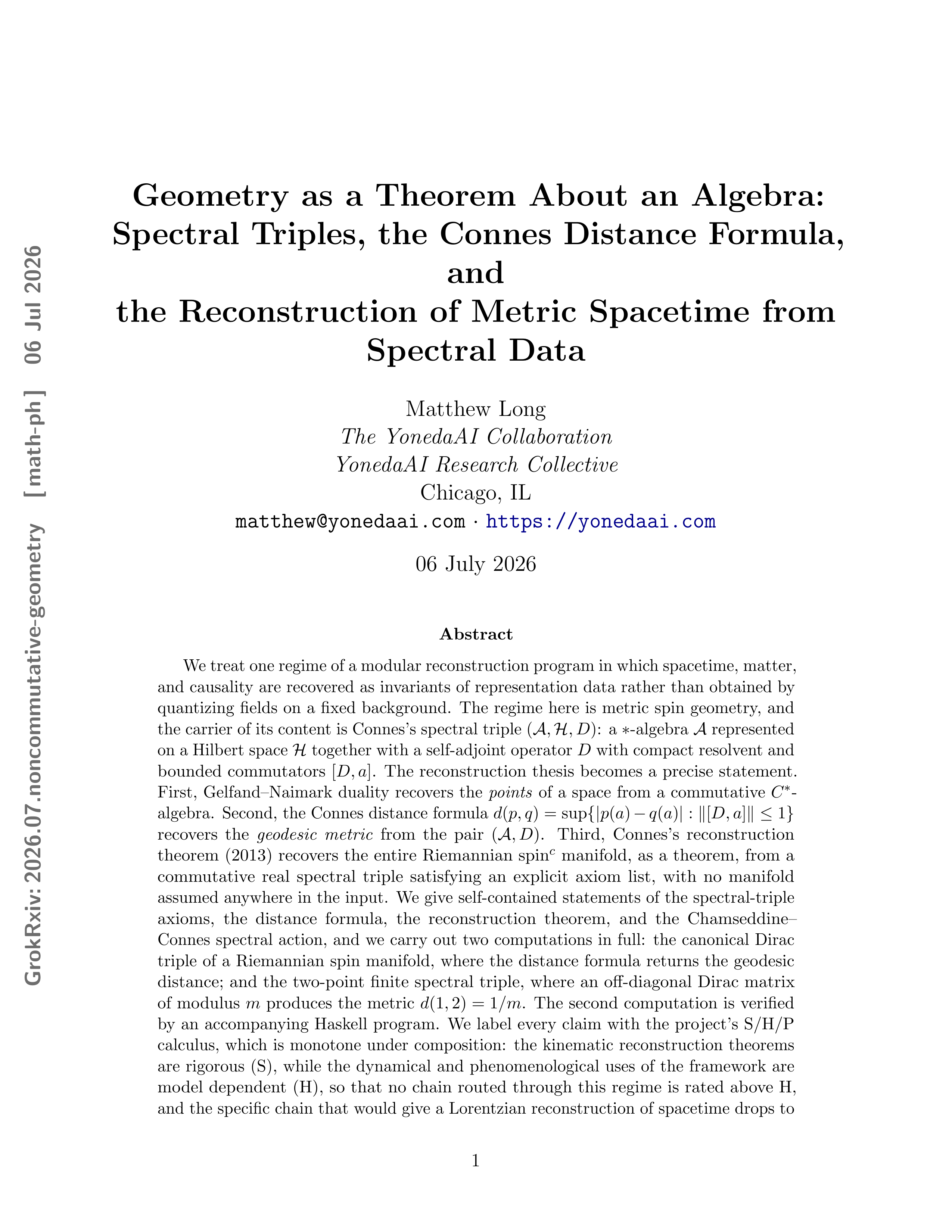 Cover illustration for Geometry as a Theorem About an Algebra: Spectral Triples, the Connes Distance Formula, and the Reconstruction of Metric Spacetime from Spectral Data
