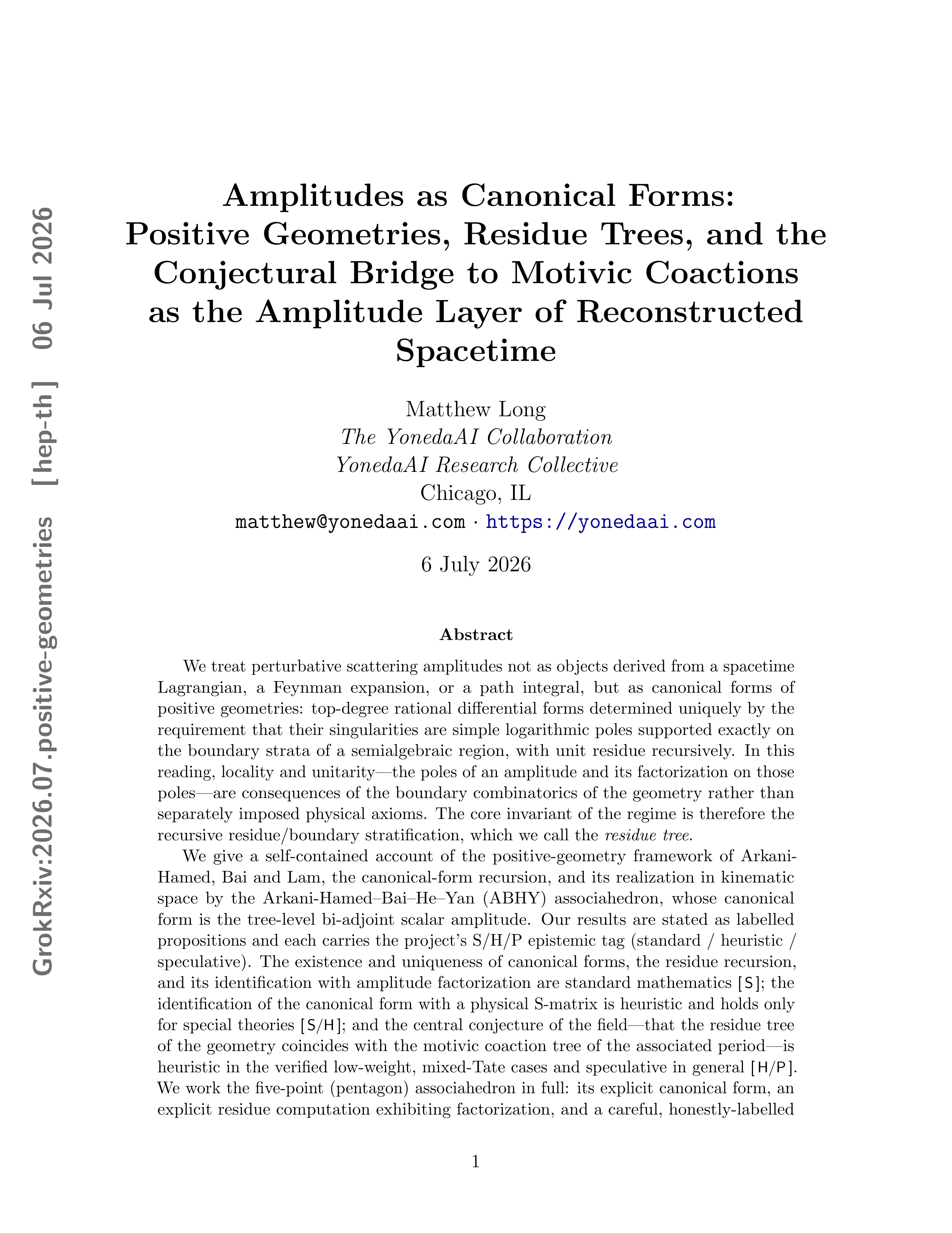 Cover illustration for Amplitudes as Canonical Forms: Positive Geometries, Residue Trees, and the Conjectural Bridge to Motivic Coactions as the Amplitude Layer of Reconstructed Spacetime