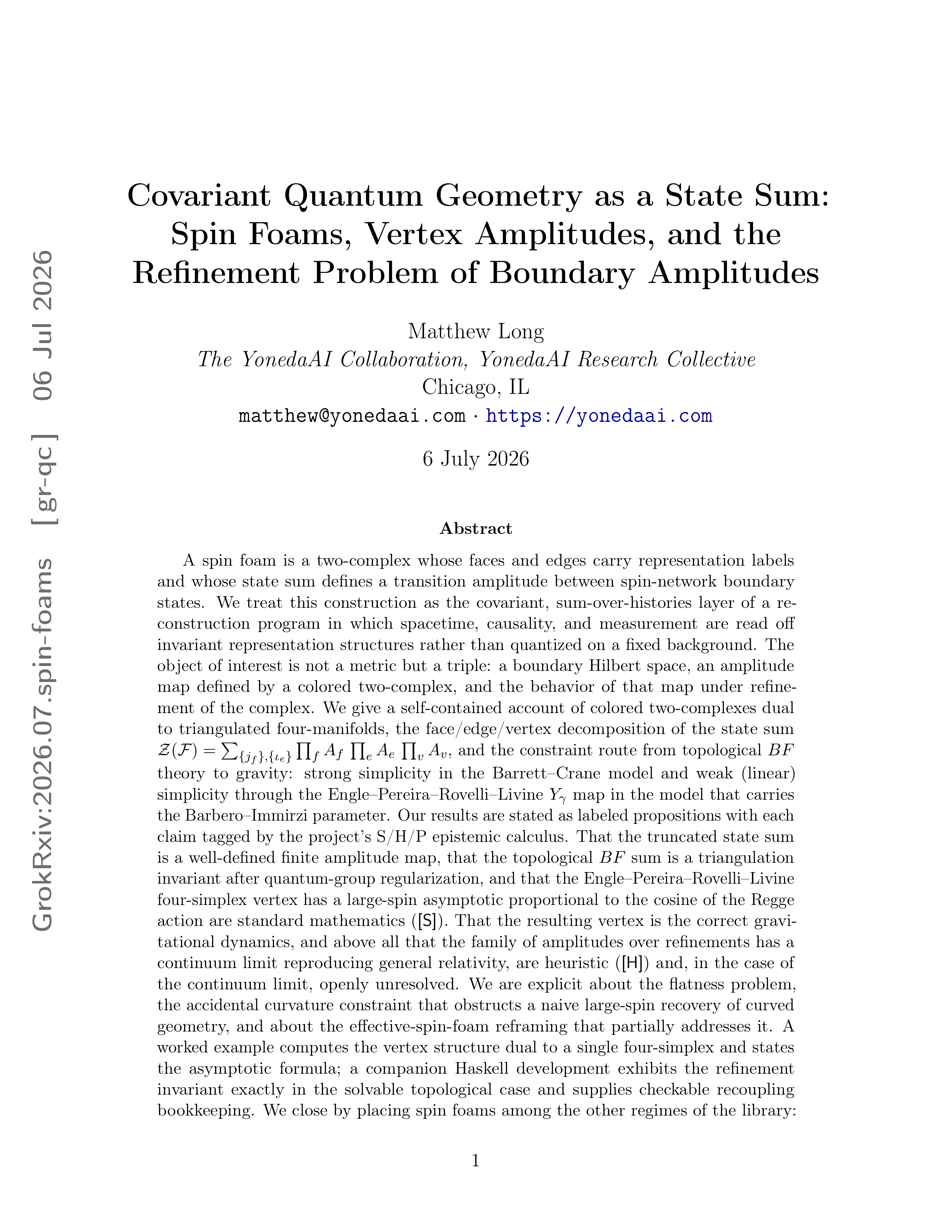Cover illustration for Covariant Quantum Geometry as a State Sum: Spin Foams, Vertex Amplitudes, and the Refinement Problem of Boundary Amplitudes