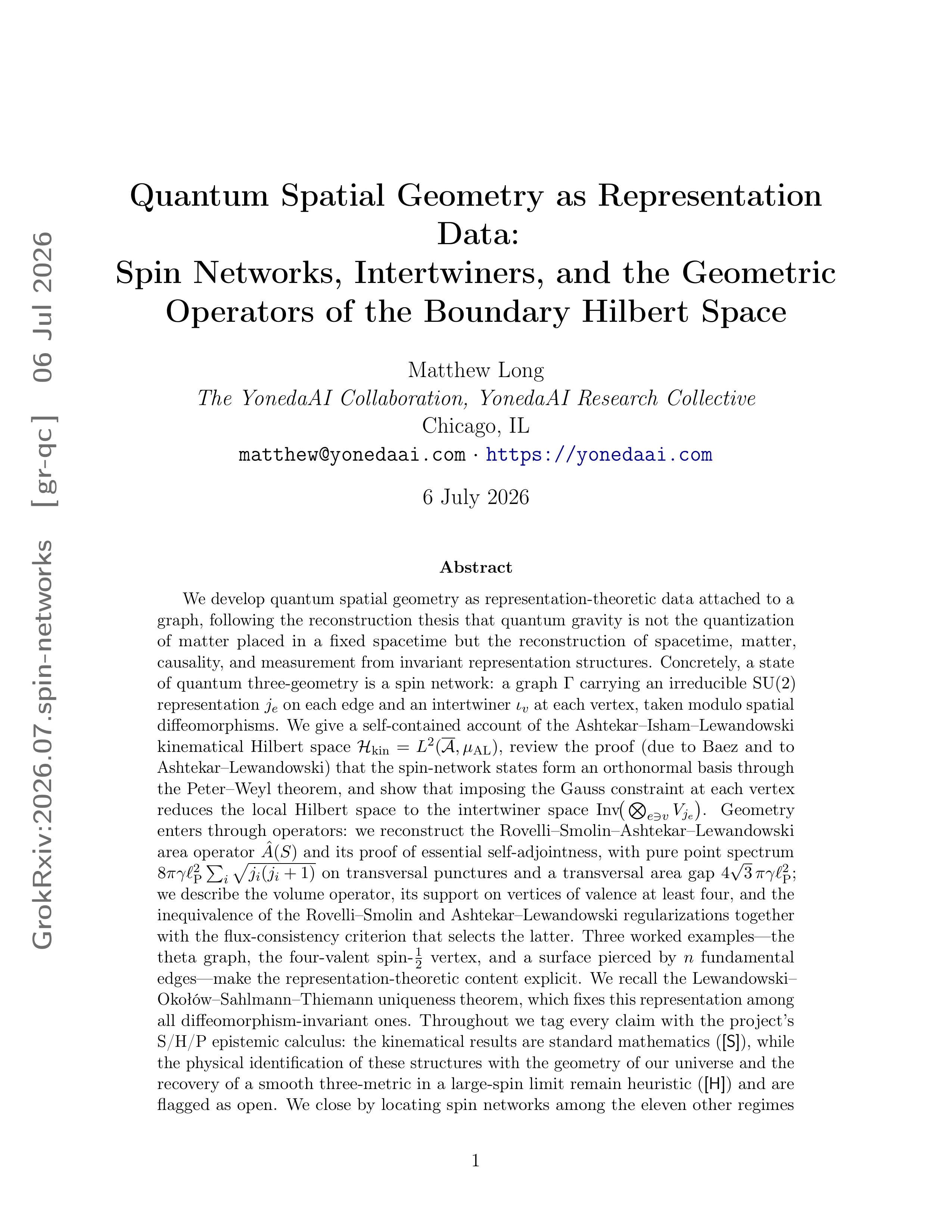 Cover illustration for Quantum Spatial Geometry as Representation Data: Spin Networks, Intertwiners, and the Geometric Operators of the Boundary Hilbert Space