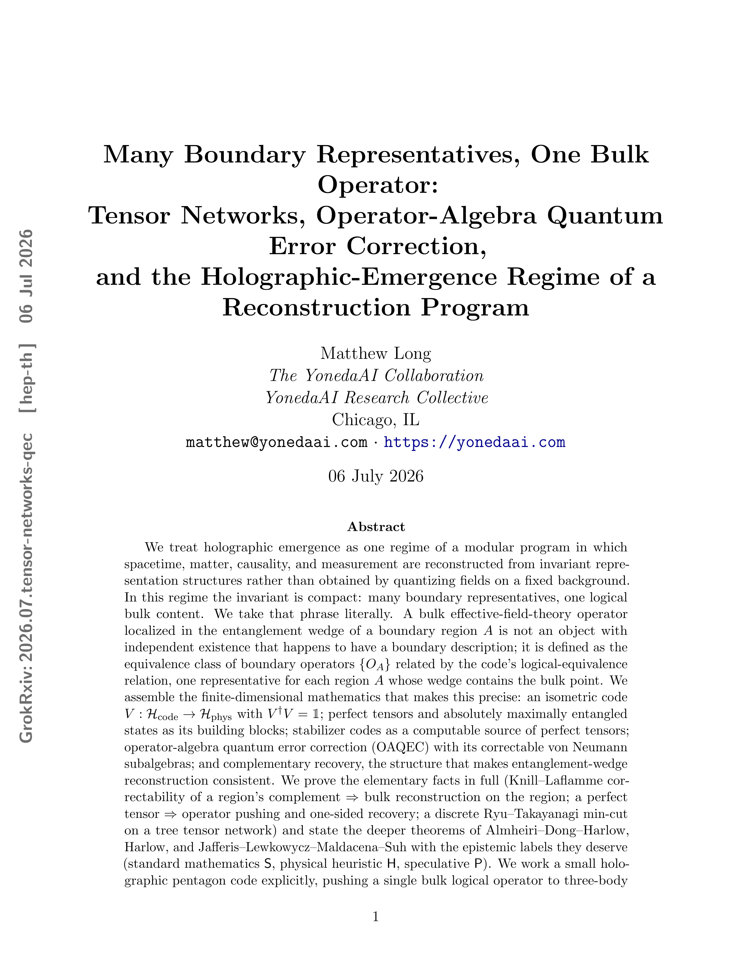Cover illustration for Many Boundary Representatives, One Bulk Operator: Tensor Networks, Operator-Algebra Quantum Error Correction, and the Holographic-Emergence Regime of a Reconstruction Program
